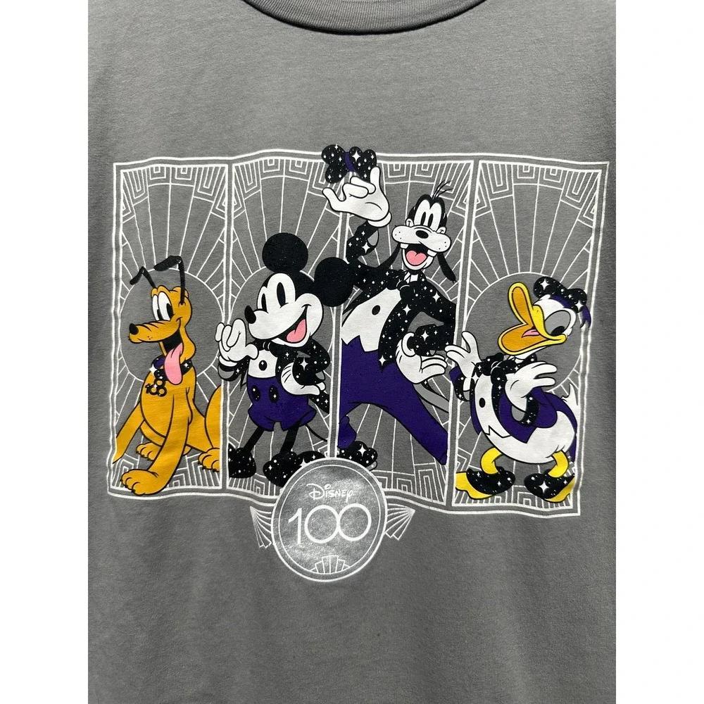 Disney Graphic T-Shirt Youth Medium Gray 100th Anniversary Mickey Goofy EUC